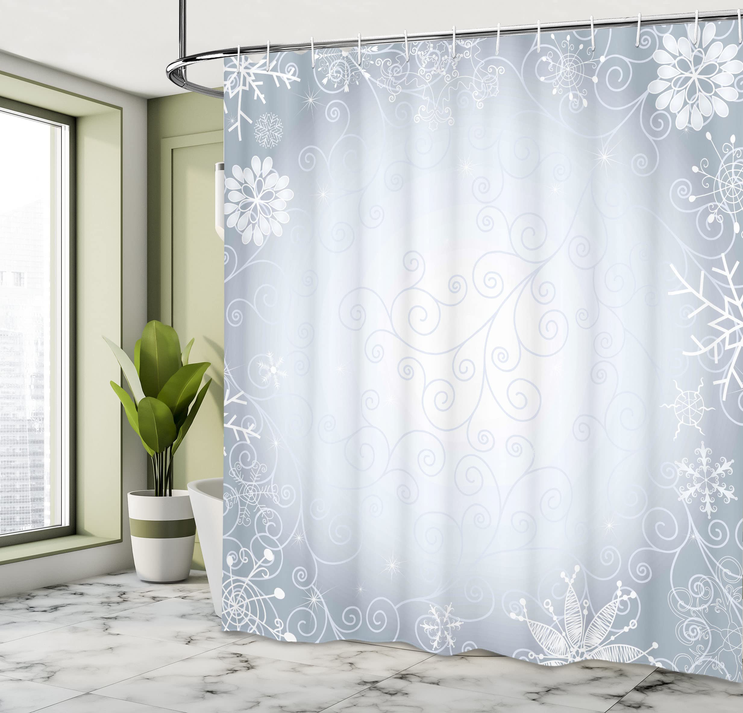 Ambesonne Ombre Shower Curtain, Christmas Theme Gentle Frame With Curls Swirls Snowflakes Lace Inspired Motif, Cloth Fabric Bath